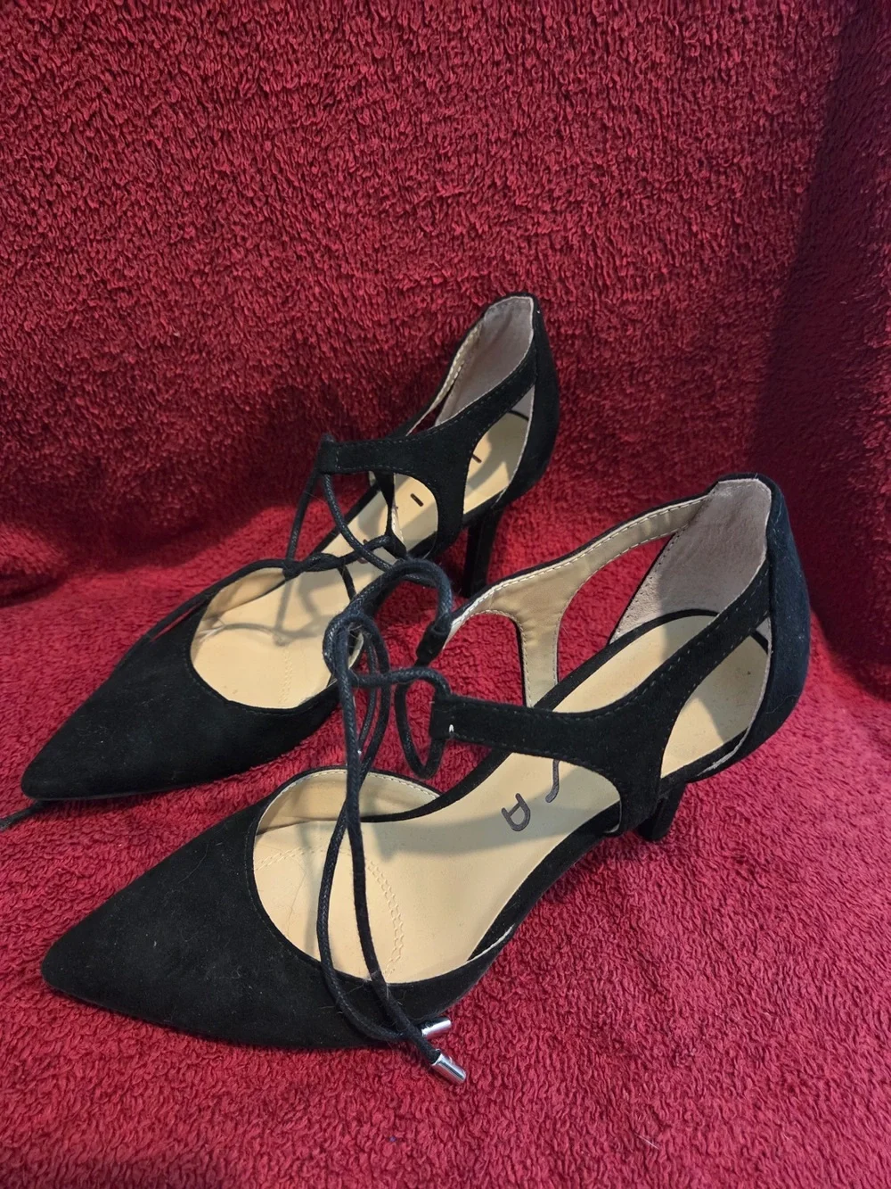 Unisa Black Suede Slingback Pointed Toe Lace-Up Heels